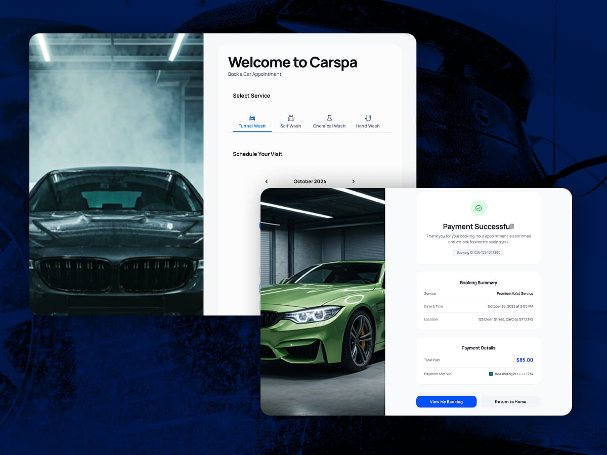 Car wash payment portal and appointment booking website design - Modern online booking interface with payment processing by Sleepy Cow Media in Dubuque, Iowa