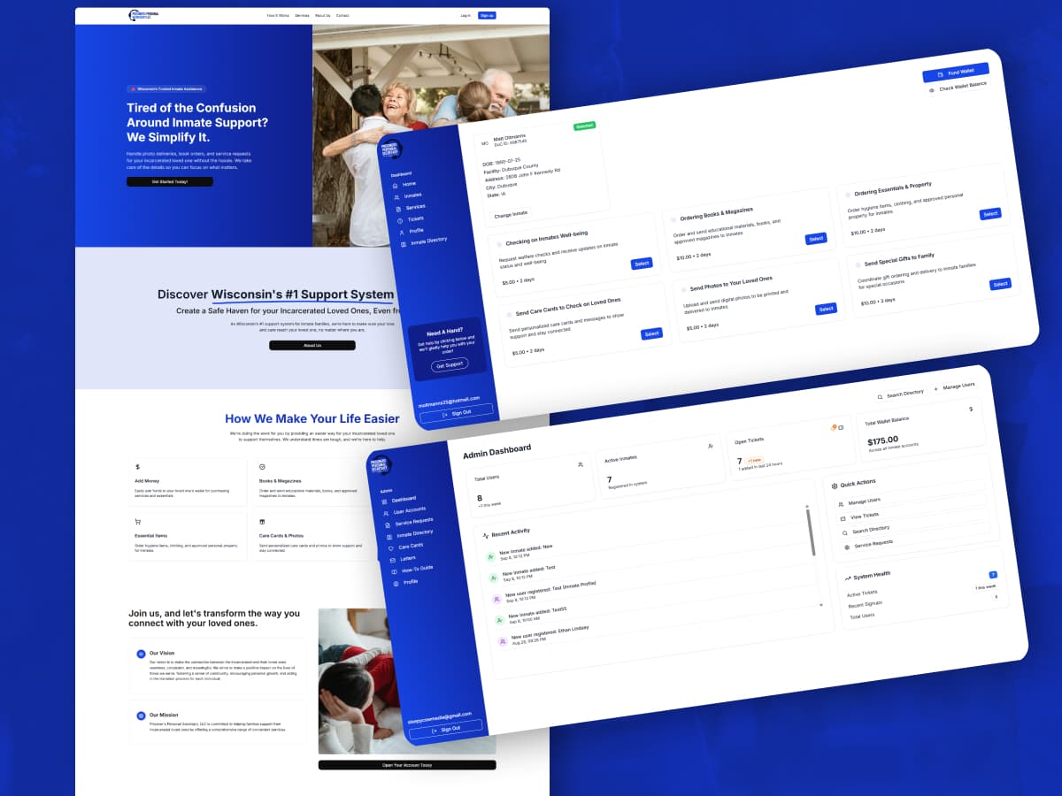 Custom SaaS dashboard for Prisoners Personal Secretary LLC - Wisconsin inmate communication system web application developed by Sleepy Cow Media in Dubuque, Iowa