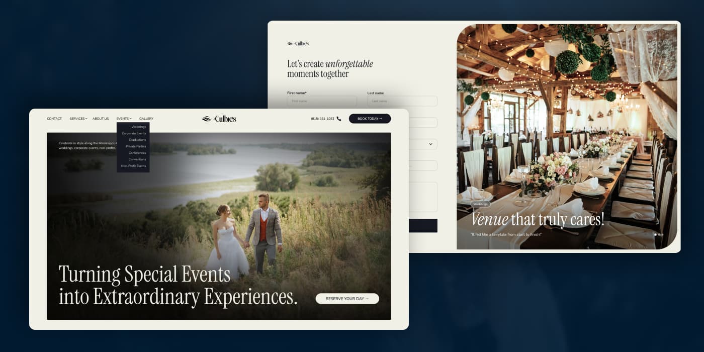 Event center venue website design for East Dubuque, Illinois - Custom event space website with booking system, photo galleries, and venue details by Sleepy Cow Media in Dubuque, Iowa