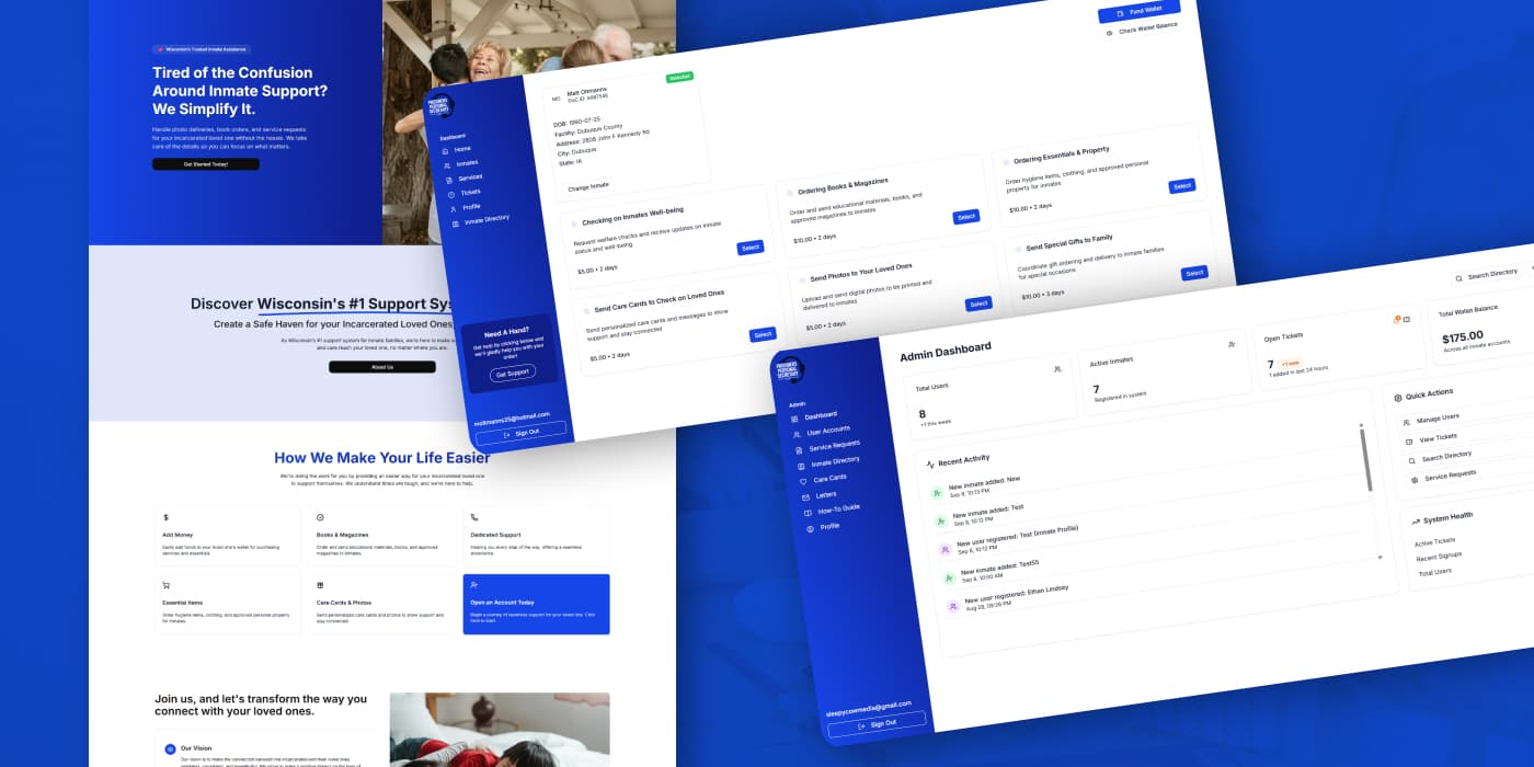 SaaS platform web application design for Wisconsin inmate services - Custom dashboard and communication system for Prisoners Personal Secretary LLC by Sleepy Cow Media in Dubuque, Iowa