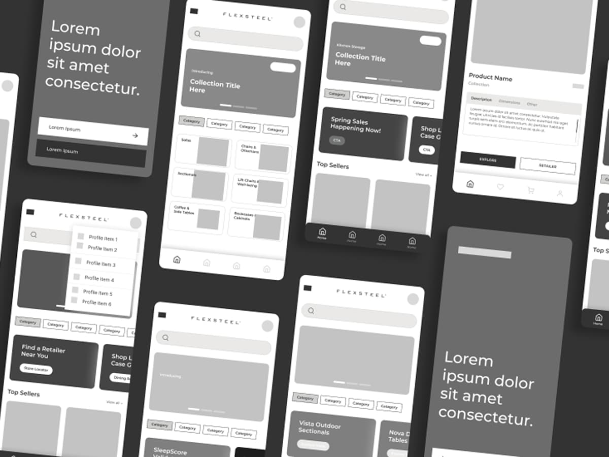 Mobile app wireframe and prototyping design - Low-fidelity wireframes showing user flow and app structure planning by Sleepy Cow Media in Dubuque, Iowa