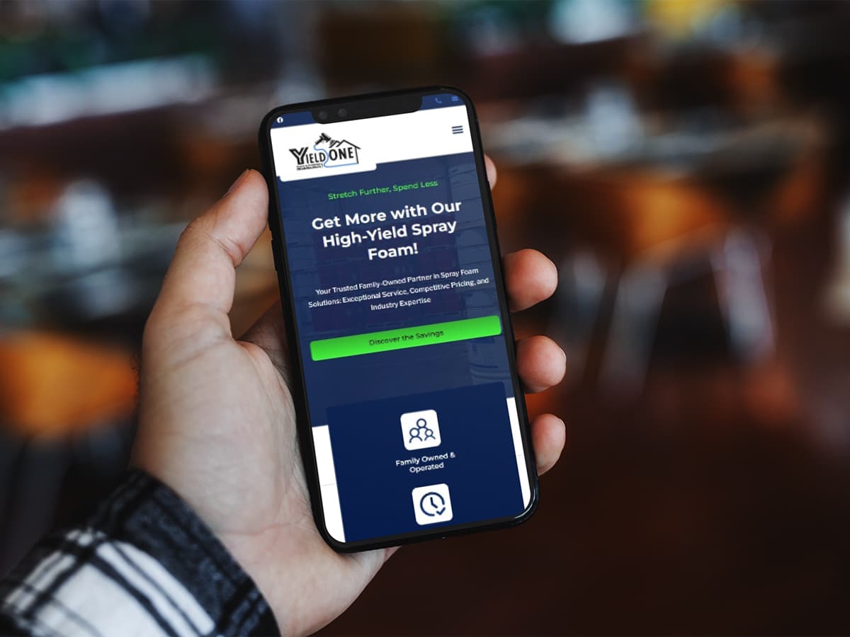 Yield One spray foam insulation mobile website design - Responsive service business website optimized for mobile devices by Sleepy Cow Media in Dubuque, Iowa